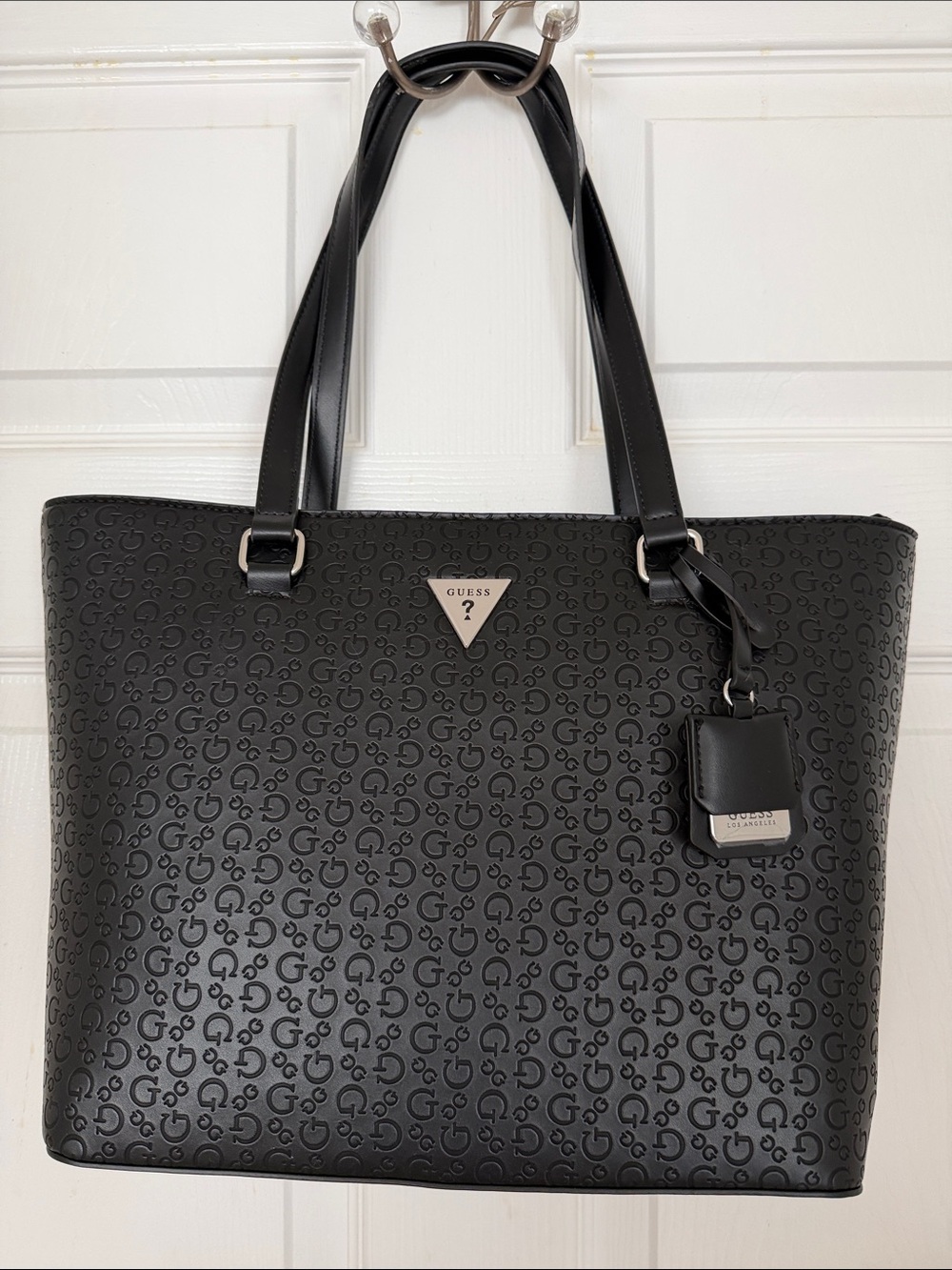GUESS Black Embossed Logo Tote with Silver Plaque